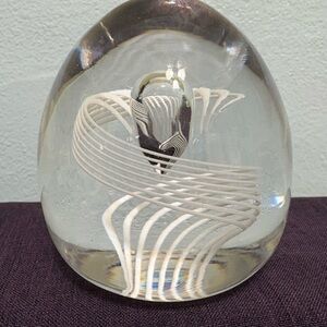 STEUBEN CRYSTAL WHITE LATTICINO SPIRAL AIR TWIST PAPERWEIGHT SIGNED
